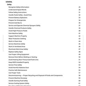 May include: A page from a manual titled "Table of Contents." The document lists safety topics, including handling fluids, preventing explosions, and operating sprayers safely. The page number is 2.