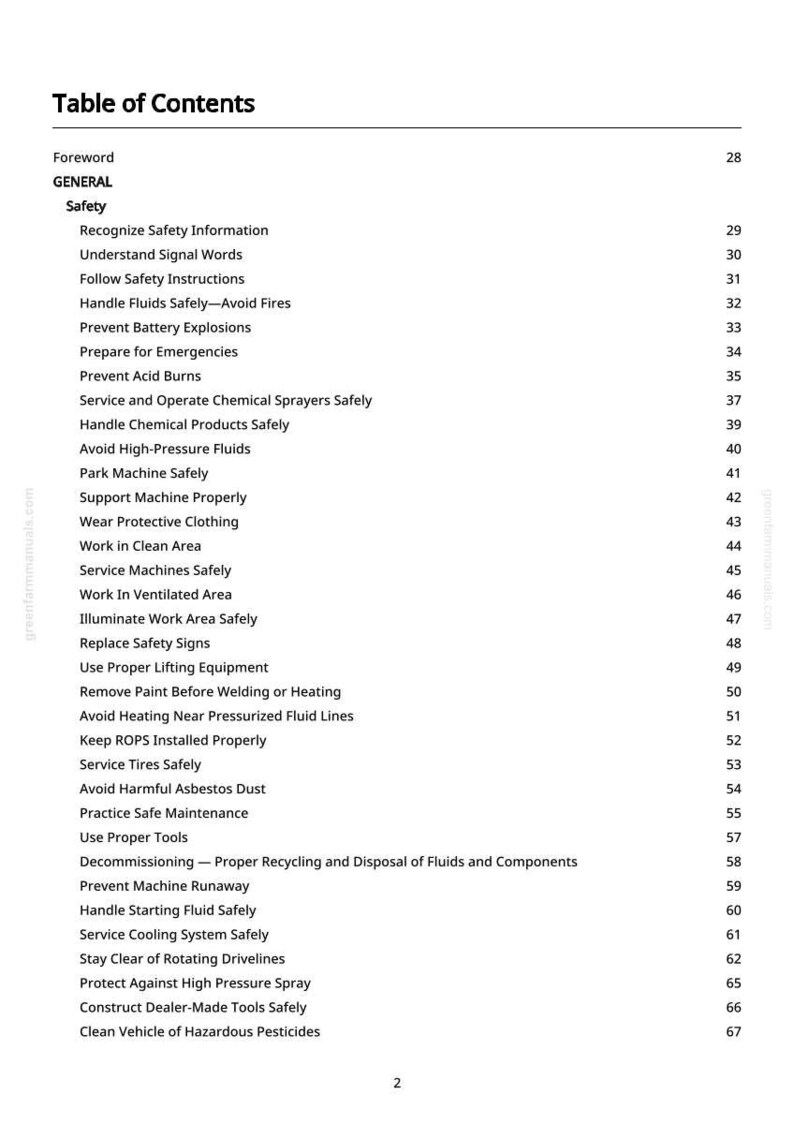May include: A page from a manual titled "Table of Contents." The document lists safety topics, including handling fluids, preventing explosions, and operating sprayers safely. The page number is 2.