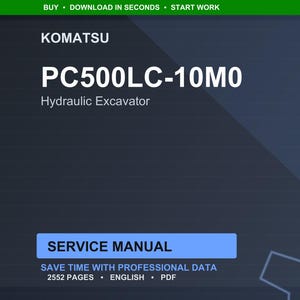 May include: A dark blue digital document with the Komatsu logo and the text "PC500LC-10M0 Hydraulic Excavator." The document is labeled "Service Manual" and states it contains 2552 pages of English PDF data.