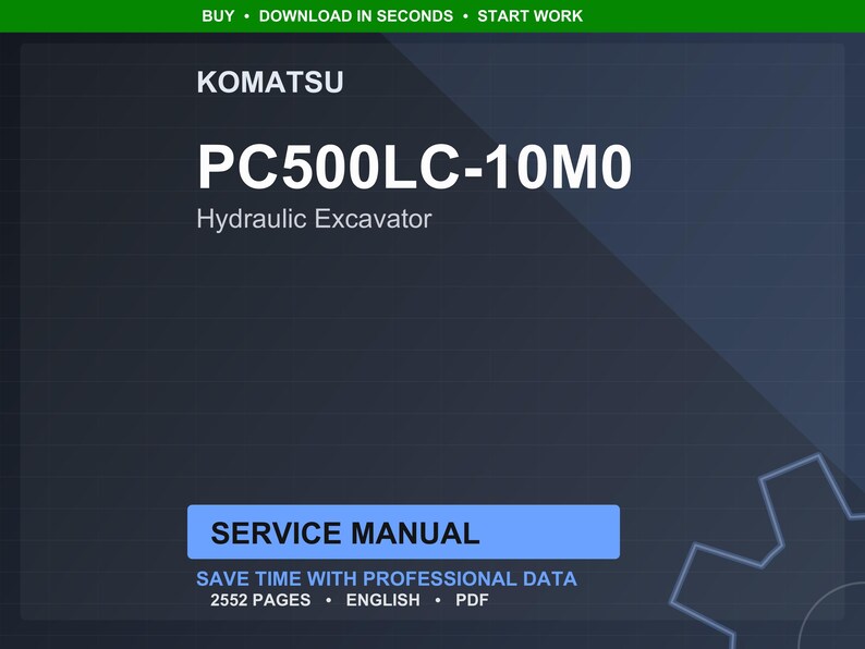 May include: A dark blue digital document with the Komatsu logo and the text "PC500LC-10M0 Hydraulic Excavator." The document is labeled "Service Manual" and states it contains 2552 pages of English PDF data.