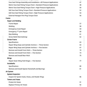 May include: A white page from a tractor repair manual, featuring a table of contents with headings like "Repair Specifications," "Frame," and "Air System." The page includes page numbers and a website address.