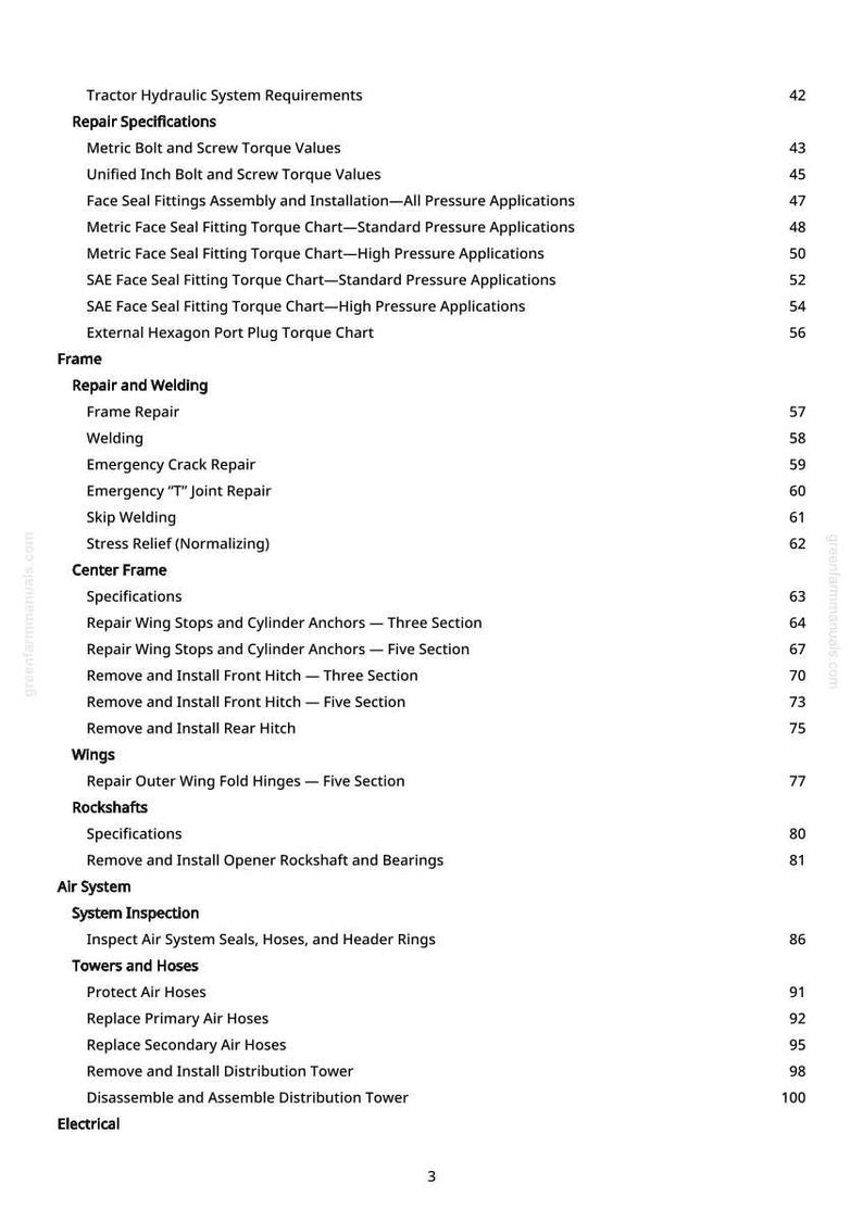 May include: A white page from a tractor repair manual, featuring a table of contents with headings like "Repair Specifications," "Frame," and "Air System." The page includes page numbers and a website address.