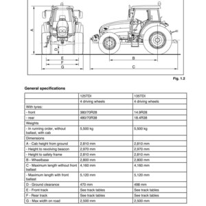 K&ouml;nnte beinhalten: Diagramm eines Traktors mit Abmessungen und Spezifikationen. Das Bild enth&auml;lt Vorder- und Seitenansichten mit Messungen in Millimetern. Zu den wichtigen Daten geh&ouml;ren der Radstand (2.800 mm), die Kabinenh&ouml;he (2.810 mm) und die Bodenfreiheit (470 mm).