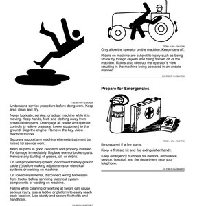 May include: Safety guidelines for machine maintenance and emergency preparedness. Includes illustrations of a person falling, a tractor with a person, a first aid kit, and a fire extinguisher. Text includes safety instructions.