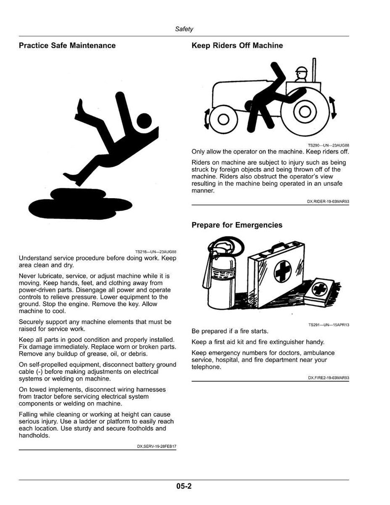 May include: Safety guidelines for machine maintenance and emergency preparedness. Includes illustrations of a person falling, a tractor with a person, a first aid kit, and a fire extinguisher. Text includes safety instructions.