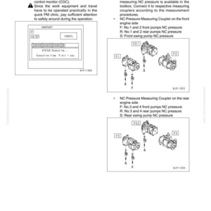 May include: Diagram of machinery components with labels and arrows. Includes a control panel display showing status and execution time. Text details procedures for measuring NC pressure on front and rear engine sides.