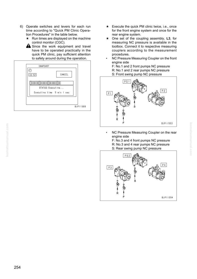 May include: Diagram of machinery components with labels and arrows. Includes a control panel display showing status and execution time. Text details procedures for measuring NC pressure on front and rear engine sides.