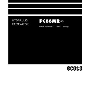 May include: A white and black shop manual for a hydraulic excavator. The manual includes the model PC88MR-8 and serial numbers 5001 and up. The Komatsu logo is at the bottom.