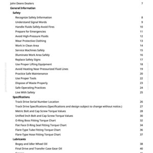 May include: A page from a manual titled "Table of Contents." The text lists sections including "Safety," "Specifications," and "Lubricants." The page is white with black text and includes page numbers.