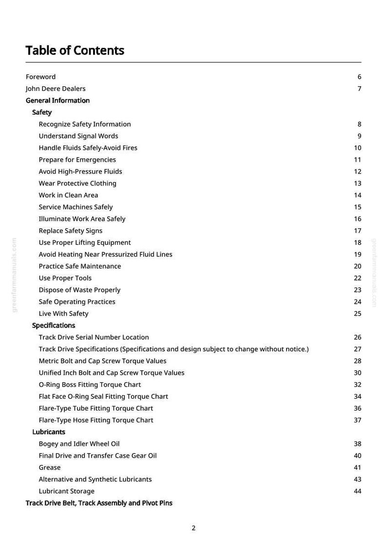 May include: A page from a manual titled "Table of Contents." The text lists sections including "Safety," "Specifications," and "Lubricants." The page is white with black text and includes page numbers.