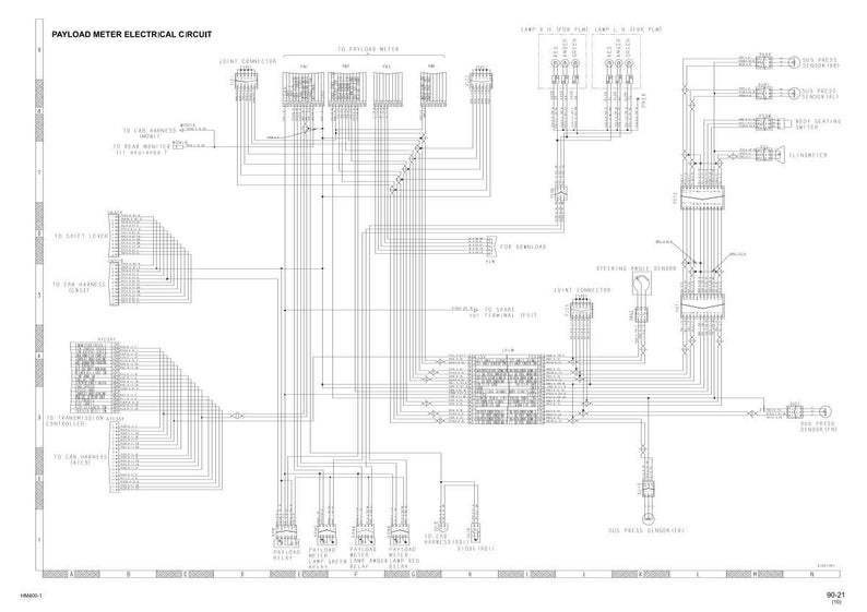 May include: A detailed electrical circuit diagram labeled "PAYLOAD METER ELECTRICAL CIRCUIT." The diagram is in black and white, featuring numerous lines, connectors, and labels, including "JOINT CONNECTION" and "STEERING WHEEL SENSOR."