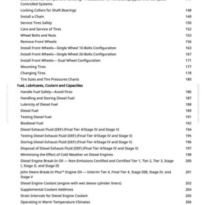May include: A page from a manual with a table of contents. Topics include vehicle maintenance, fuel, and engine care. Sections are numbered and include titles like "Defective Belts" and "Diesel Exhaust Fluid (DEF)".