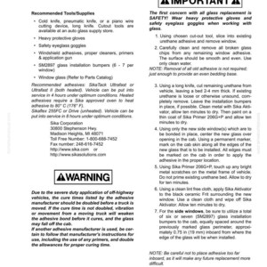 May include: A detailed guide for glass replacement in vehicles, featuring tools, supplies, and step-by-step instructions. Includes safety warnings, adhesive application, and bumper placement. The text is in black and white.