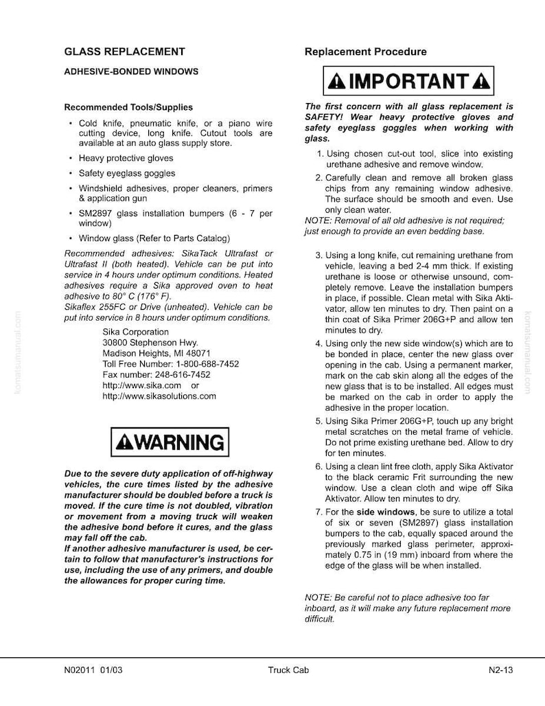 May include: A detailed guide for glass replacement in vehicles, featuring tools, supplies, and step-by-step instructions. Includes safety warnings, adhesive application, and bumper placement. The text is in black and white.