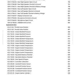 K&ouml;nnte beinhalten: Eine wei&szlig;e Seite mit einer Liste von Fahrzeugdiagnosecodes und Beschreibungen. Der Text enth&auml;lt Codes f&uuml;r Lautsprecher, Mikrofone und Motorkomponenten, wie Drosselklappenstellung und K&uuml;hlmitteltemperatur. Die Seitenzahl 10 ist unten sichtbar.