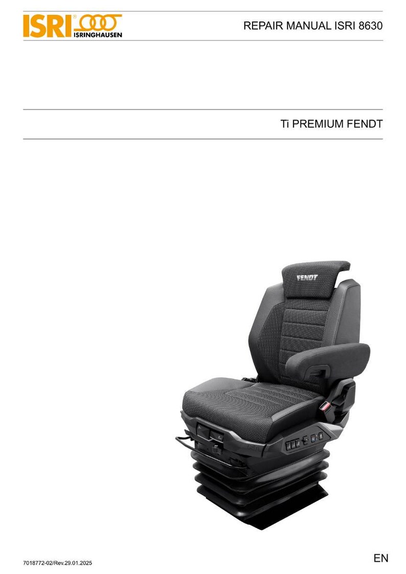 May include: A black and gray ISRI Ti Premium Fendt seat, with armrests and a headrest, is featured in this image. The seat is designed for comfort and support, with a textured fabric and adjustable features. The repair manual ISRI 8630 is also visible.