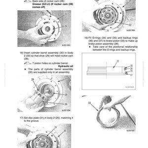May include: Diagram of travel motor assembly with numbered parts and instructions. Includes illustrations of installing rocker cams, cylinder barrel assembly, and disc plate. Text includes "Hydraulic oil".