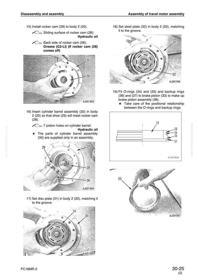 May include: Diagram of travel motor assembly with numbered parts and instructions. Includes illustrations of installing rocker cams, cylinder barrel assembly, and disc plate. Text includes "Hydraulic oil".