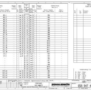 Puede incluir: Un diagrama t&eacute;cnico detallado con una 'Lista de Cables', que incluye informaci&oacute;n sobre conectores y especificaciones de cables. El documento est&aacute; etiquetado como 'DEMAG KOMATSU Hydraulikbagger'.