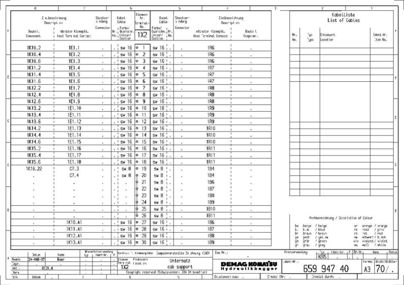 Puede incluir: Un diagrama t&eacute;cnico detallado con una 'Lista de Cables', que incluye informaci&oacute;n sobre conectores y especificaciones de cables. El documento est&aacute; etiquetado como 'DEMAG KOMATSU Hydraulikbagger'.