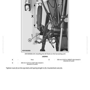 May include: Diagram of a harvesting unit tilt frame installation. The image includes a spring, nuts, and measurements in inches. Text indicates tightening nuts on the eye-bolt until the spring length is X. The diagram is labeled KM1000566.