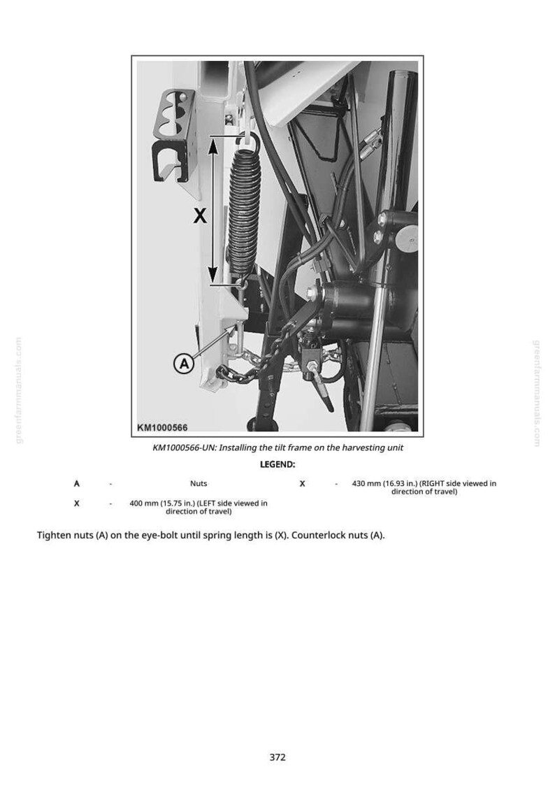 May include: Diagram of a harvesting unit tilt frame installation. The image includes a spring, nuts, and measurements in inches. Text indicates tightening nuts on the eye-bolt until the spring length is X. The diagram is labeled KM1000566.