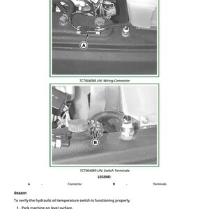 K&ouml;nnte beinhalten: Diagramm eines Hydraulik-Temperaturschaltertests. Das Bild zeigt Nahaufnahmen von Kabelverbindern und Schalteranschl&uuml;ssen, die mit A und B gekennzeichnet sind. Der Text lautet "Hydraulik-Temperaturschalter testen" und enth&auml;lt Testanweisungen.