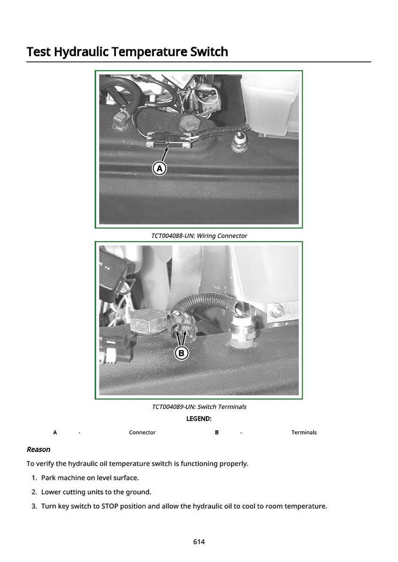 K&ouml;nnte beinhalten: Diagramm eines Hydraulik-Temperaturschaltertests. Das Bild zeigt Nahaufnahmen von Kabelverbindern und Schalteranschl&uuml;ssen, die mit A und B gekennzeichnet sind. Der Text lautet "Hydraulik-Temperaturschalter testen" und enth&auml;lt Testanweisungen.