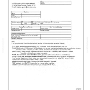 May include: A white Terminal Replacement Sheet with sections for machine details and replacement information. The sheet includes fields for model, type, serial number, and what to replace. It also has instructions and contact details.