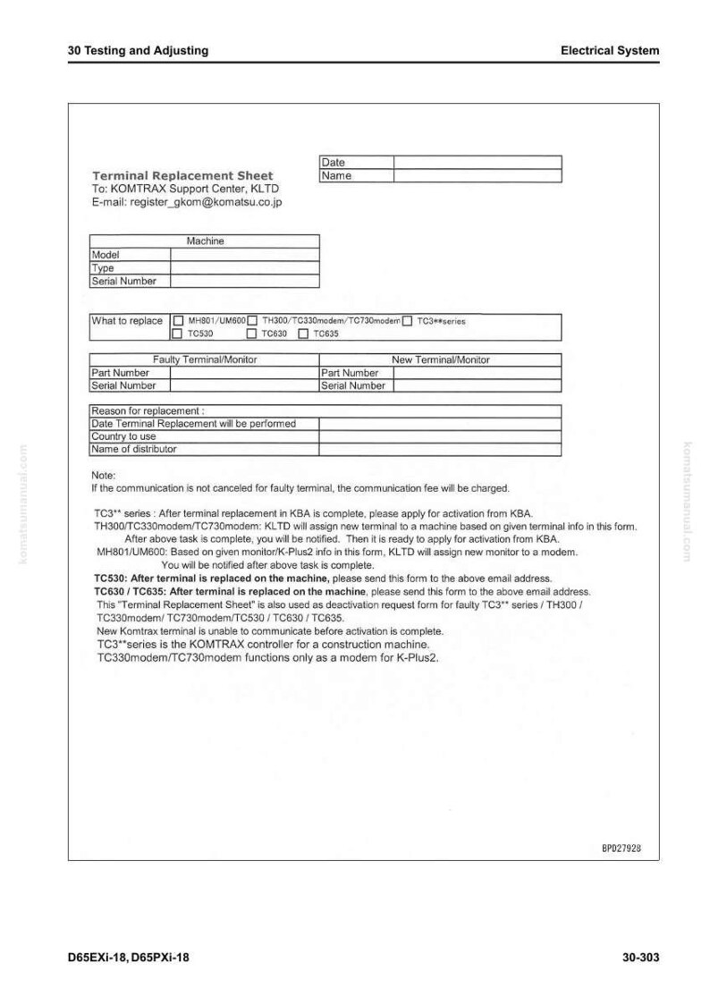 May include: A white Terminal Replacement Sheet with sections for machine details and replacement information. The sheet includes fields for model, type, serial number, and what to replace. It also has instructions and contact details.