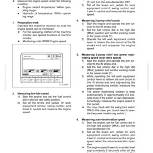 May include: A page from a Komatsu manual, SEN06127-01, detailing engine speed testing procedures. Includes instructions for measuring high idle, low idle, and auto-deceleration speeds, with diagrams and text.