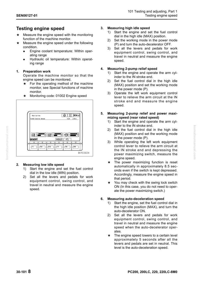 May include: A page from a Komatsu manual, SEN06127-01, detailing engine speed testing procedures. Includes instructions for measuring high idle, low idle, and auto-deceleration speeds, with diagrams and text.