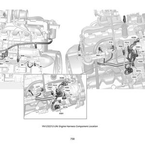 May include: Diagram of an engine with labeled components, including wiring harnesses and connectors. The image includes a close-up inset and the text "YN1232212-UN: Engine Harness Component Location."