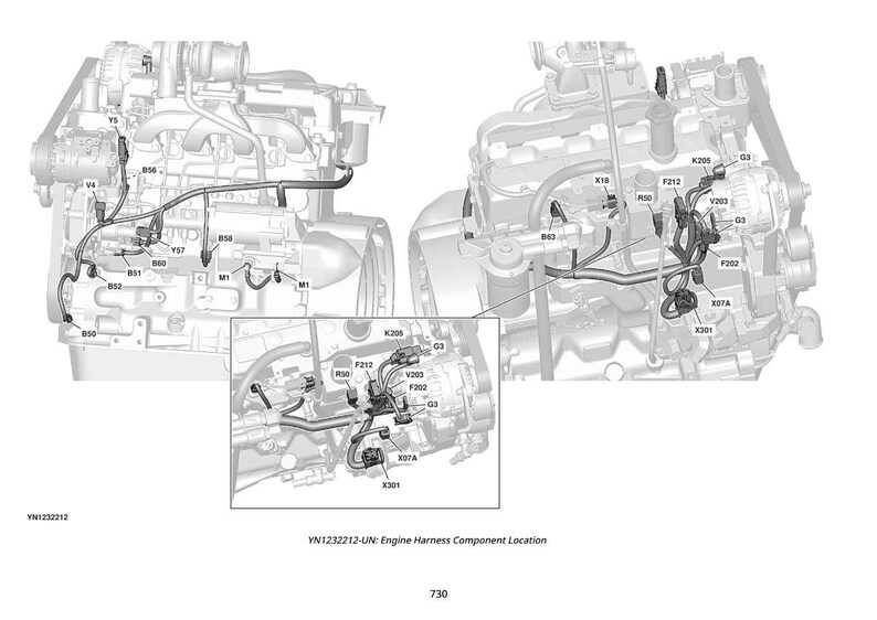 May include: Diagram of an engine with labeled components, including wiring harnesses and connectors. The image includes a close-up inset and the text "YN1232212-UN: Engine Harness Component Location."