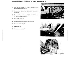 May include: A page from a manual titled "Mounting Operator's Cab Assembly." The document includes numbered instructions and diagrams of machinery components. The diagrams are black and white, showing various parts of a cab assembly.