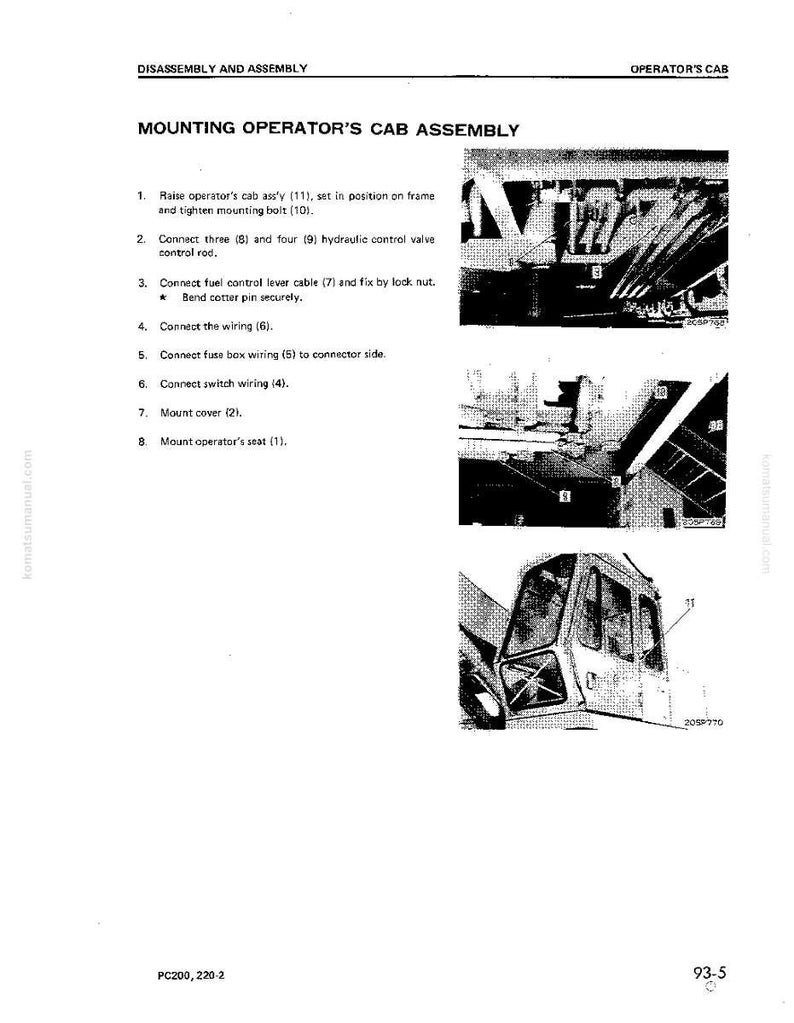 May include: A page from a manual titled "Mounting Operator's Cab Assembly." The document includes numbered instructions and diagrams of machinery components. The diagrams are black and white, showing various parts of a cab assembly.