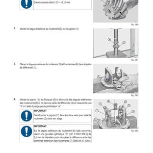 May include: Diagram of mechanical components with labels and instructions. Includes images of gears, bearings, and other parts. Text in French provides step-by-step guidance for assembly and measurement, with measurements in millimeters.