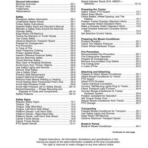 May include: A detailed table of contents from an equipment manual, listing safety, operation, and maintenance topics. The document includes sections on safety signs, fire prevention, and attaching/detaching components. The page numbers are clearly indicated.