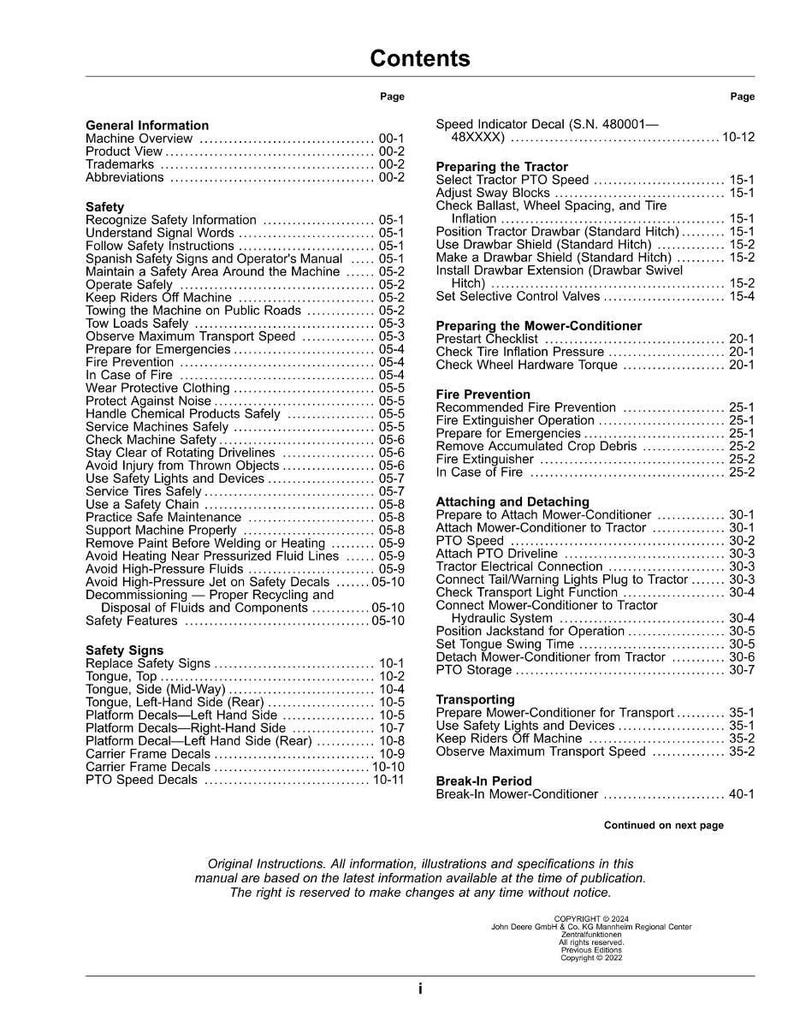 May include: A detailed table of contents from an equipment manual, listing safety, operation, and maintenance topics. The document includes sections on safety signs, fire prevention, and attaching/detaching components. The page numbers are clearly indicated.