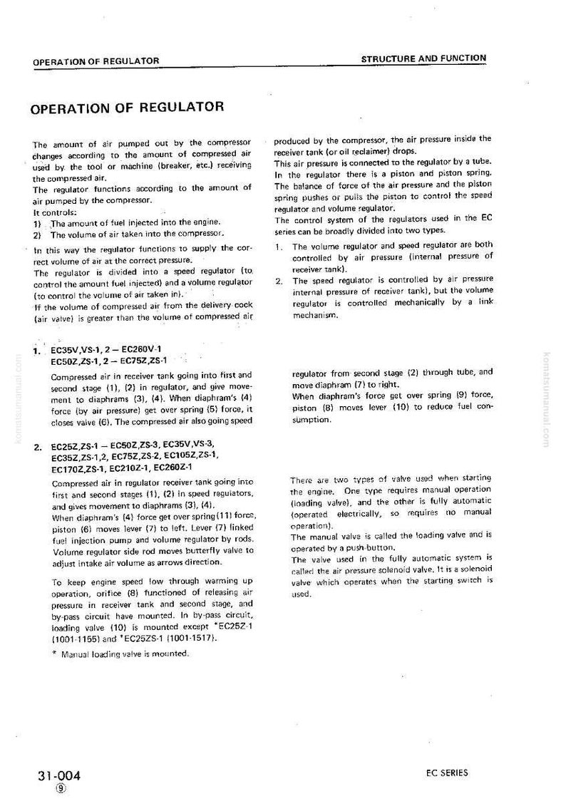 Puede incluir: Un diagrama t&eacute;cnico detallado con texto, titulado "OPERATION OF REGULATOR" y "STRUCTURE AND FUNCTION". Explica la funci&oacute;n de un regulador, incluyendo la presi&oacute;n del aire, la inyecci&oacute;n de combustible y el funcionamiento de la v&aacute;lvula. Incluye n&uacute;meros de modelo.