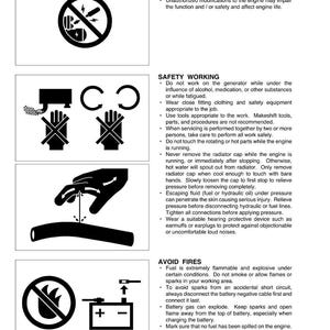 May include: A safety instructions sheet with black and white illustrations and text. The sheet covers topics like safety starting, safety working, and avoiding fires. Includes warnings about shorting terminals, alcohol use, and flammable fuel.