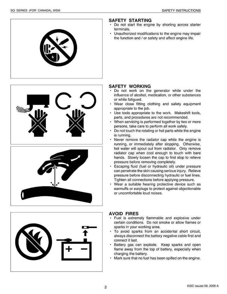 May include: A safety instructions sheet with black and white illustrations and text. The sheet covers topics like safety starting, safety working, and avoiding fires. Includes warnings about shorting terminals, alcohol use, and flammable fuel.