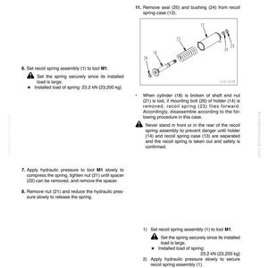 Pode incluir: Diagrama t&eacute;cnico de instru&ccedil;&otilde;es de desmontagem e montagem da mola de recuo. A imagem mostra componentes rotulados, incluindo o cilindro, a mola e a bucha. O texto indica que a carga instalada da mola &eacute; de 23,2 kN (23.200 kg).