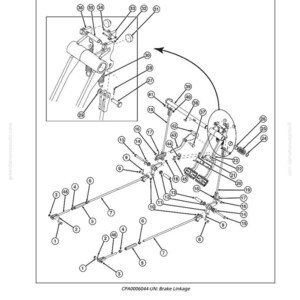 Pu&ograve; includere: Diagramma tecnico in bianco e nero che illustra la rimozione e la sostituzione dei pedali del freno e del leveraggio. Il disegno mostra vari componenti numerati, tra cui pedali, aste e hardware di montaggio. Il testo in alto recita "Rimuovere e sostituire i pedali del freno e il leveraggio."