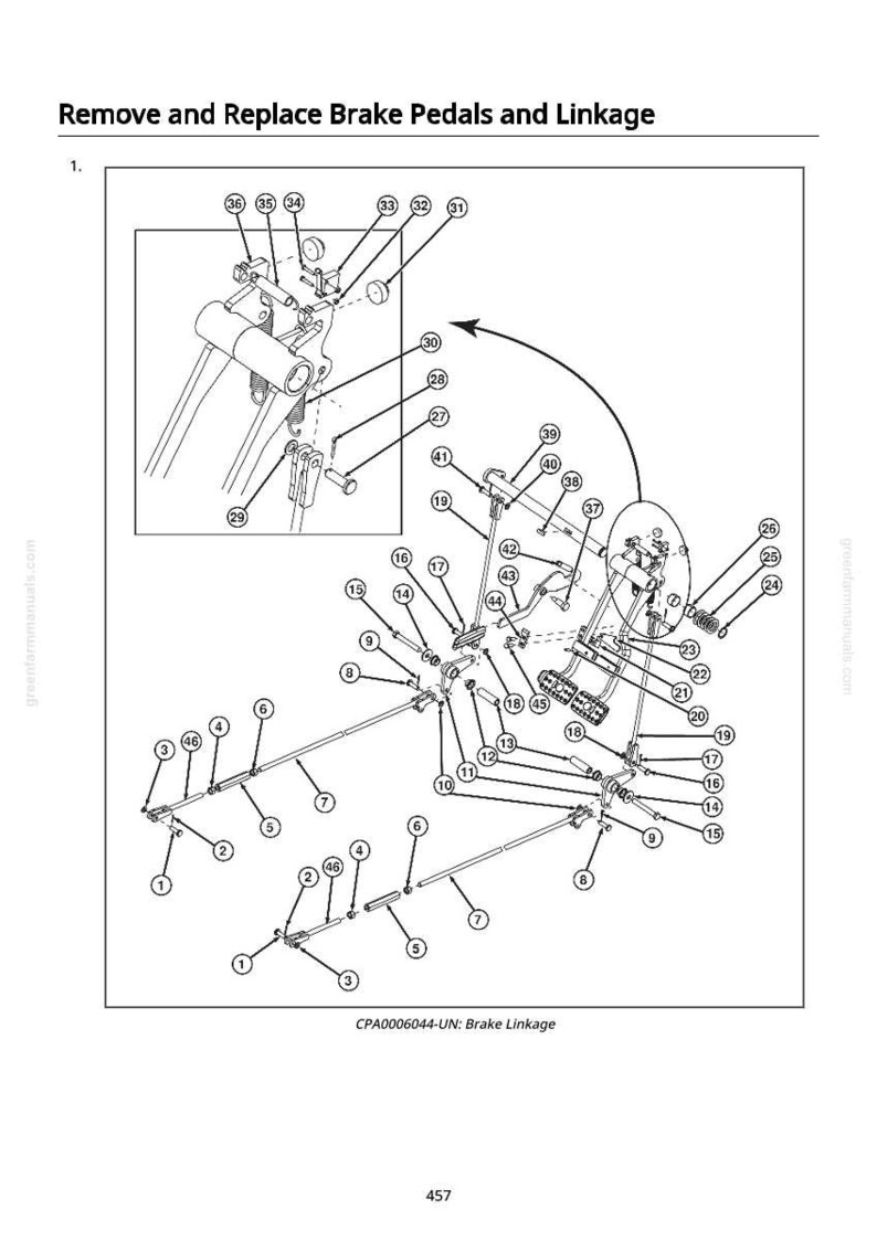 Pu&ograve; includere: Diagramma tecnico in bianco e nero che illustra la rimozione e la sostituzione dei pedali del freno e del leveraggio. Il disegno mostra vari componenti numerati, tra cui pedali, aste e hardware di montaggio. Il testo in alto recita "Rimuovere e sostituire i pedali del freno e il leveraggio."