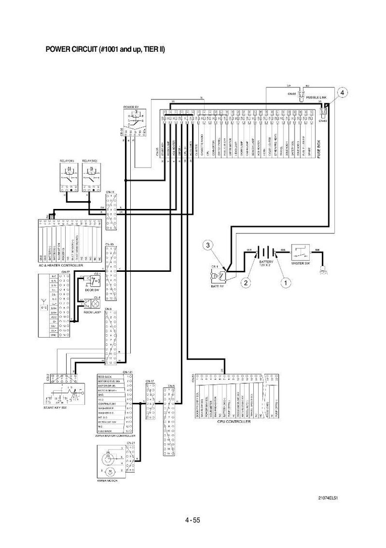 May include: A detailed electrical schematic labeled "POWER CIRCUIT (#1001 and up, TIER II)". The diagram features various components, including relays, controllers, and a CPU controller, interconnected by black lines. Text labels identify each component.