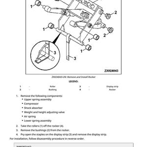 May include: Diagram of a mechanical component assembly, labeled ZX024043, with detailed illustrations of parts like rollers, bushings, and a display strip. Includes instructions for removal and installation, with a legend for part identification.