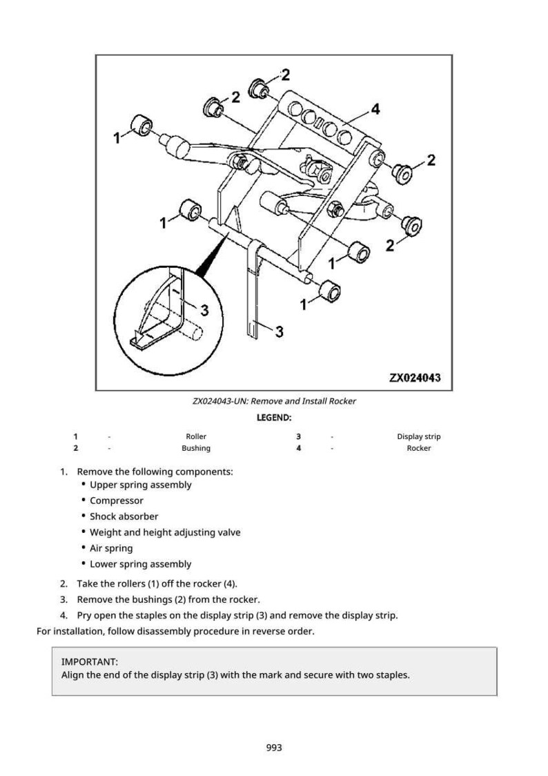 May include: Diagram of a mechanical component assembly, labeled ZX024043, with detailed illustrations of parts like rollers, bushings, and a display strip. Includes instructions for removal and installation, with a legend for part identification.