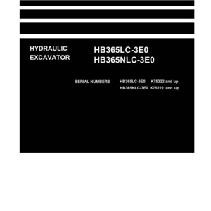 Może przedstawiać: Czarno-biała instrukcja warsztatowa do koparki hydraulicznej. Instrukcja zawiera tekst "Shop Manual", "Hydraulic Excavator" oraz numery modeli HB365LC-3E0 i HB365NLC-3E0. Logo Komatsu znajduje się na dole.