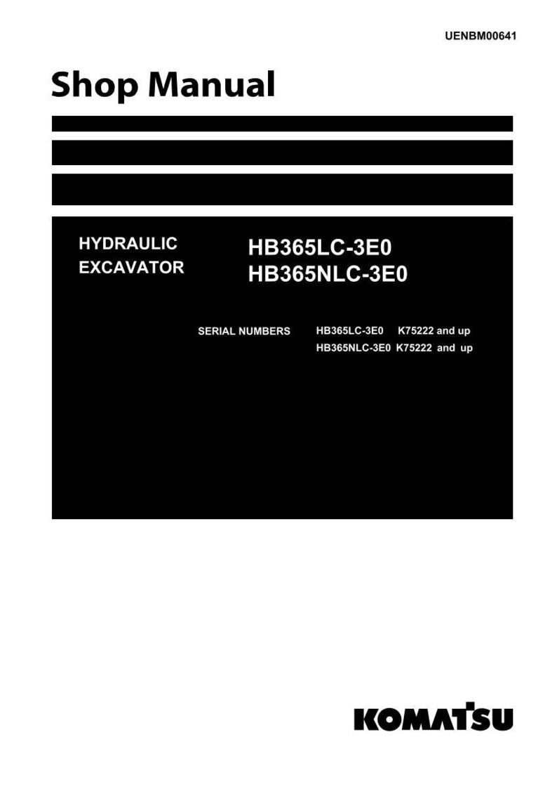 Może przedstawiać: Czarno-biała instrukcja warsztatowa do koparki hydraulicznej. Instrukcja zawiera tekst "Shop Manual", "Hydraulic Excavator" oraz numery modeli HB365LC-3E0 i HB365NLC-3E0. Logo Komatsu znajduje się na dole.